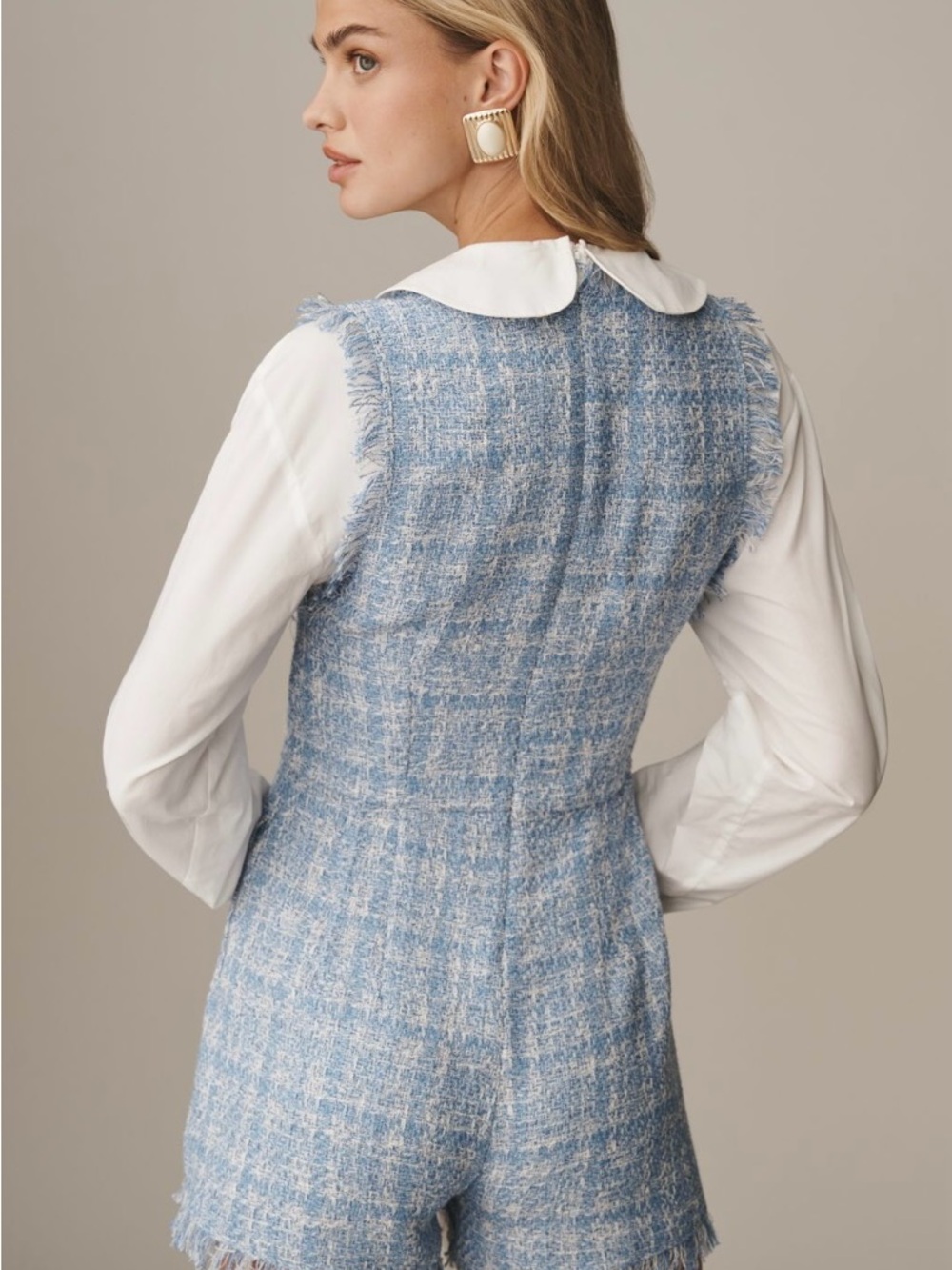 Mauve Light Blue Tweed Romper with White Blouse - Picture 2 of 3